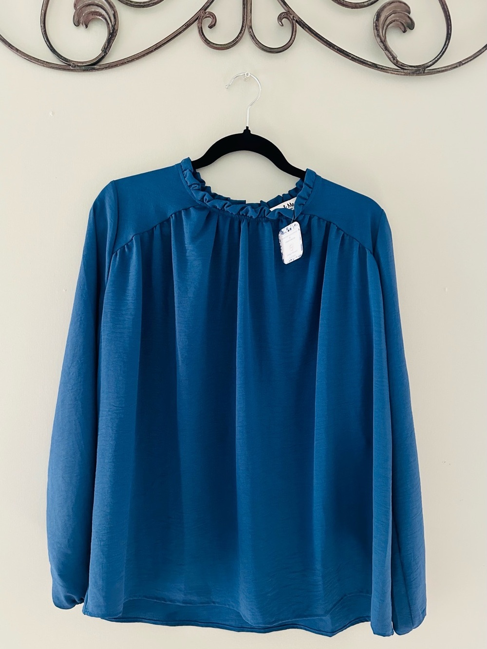 Source Unknown Dusty Blue Ruffle-Neck Long Sleeve Blouse - Picture 4 of 5